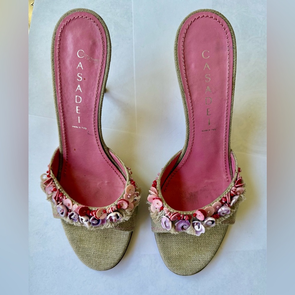 ❌SOLD❌Casadei Pink and Beige Floral Embellished Mules
